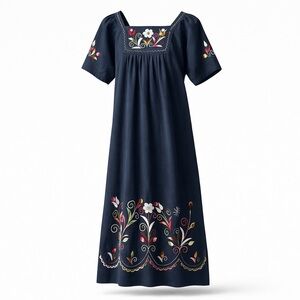 Boho Mexican style Embroidered Navy Dress Folk Festival Floral Design SZ M